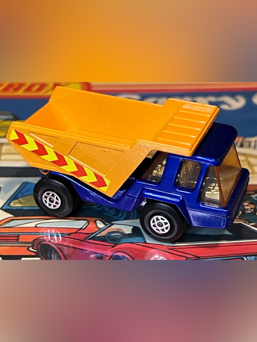 Vintage Matchbox Superfast 1975 No.23 Atlas Dump Truck Blue Orange Hazard Stripe